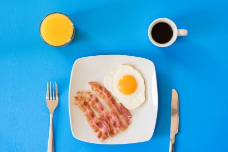 Coffee, Orange Juice, Bacon, Eggs Breakfast