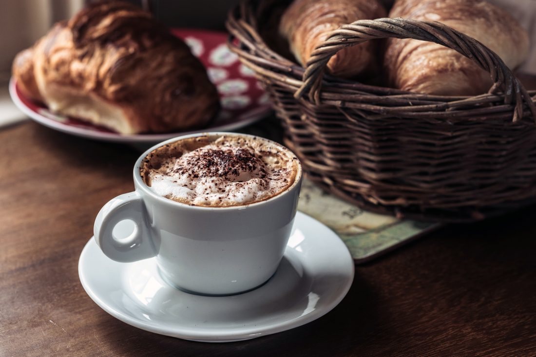 Free stock image of Frothy Coffee & Croissant