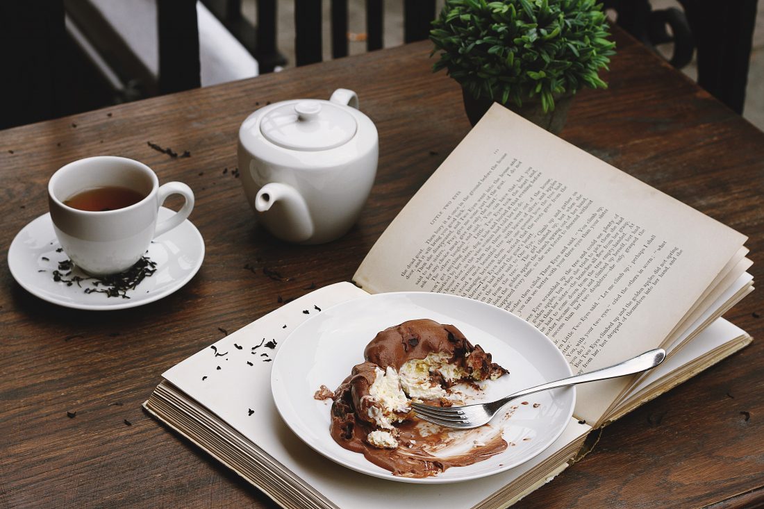 Free stock image of Cake, Tea & Book in Cafe