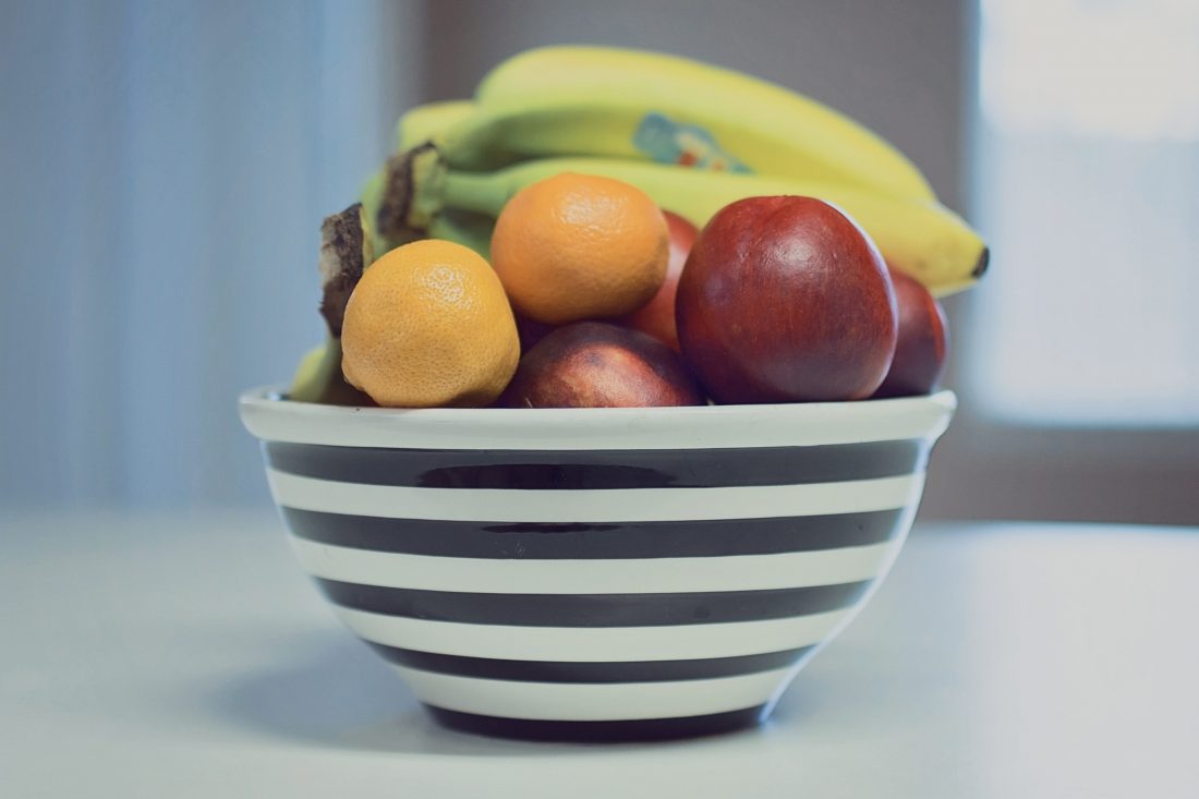 Free stock image of Striped Fruit Bowl with Apples, Bananas & Oranges