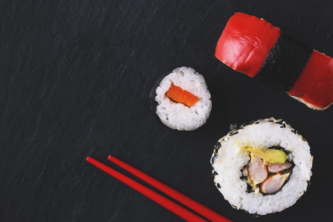 Free stock image of Sushi & Red Chopsticks