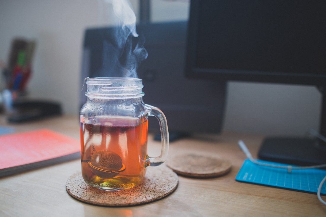 Free stock image of Hot Tea Jar & Computer Desk