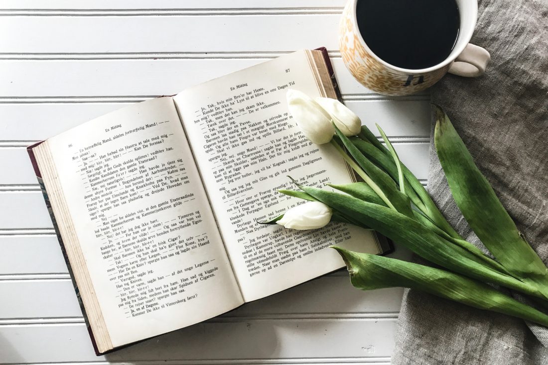Free stock image of Coffee, Flowers and Open Book