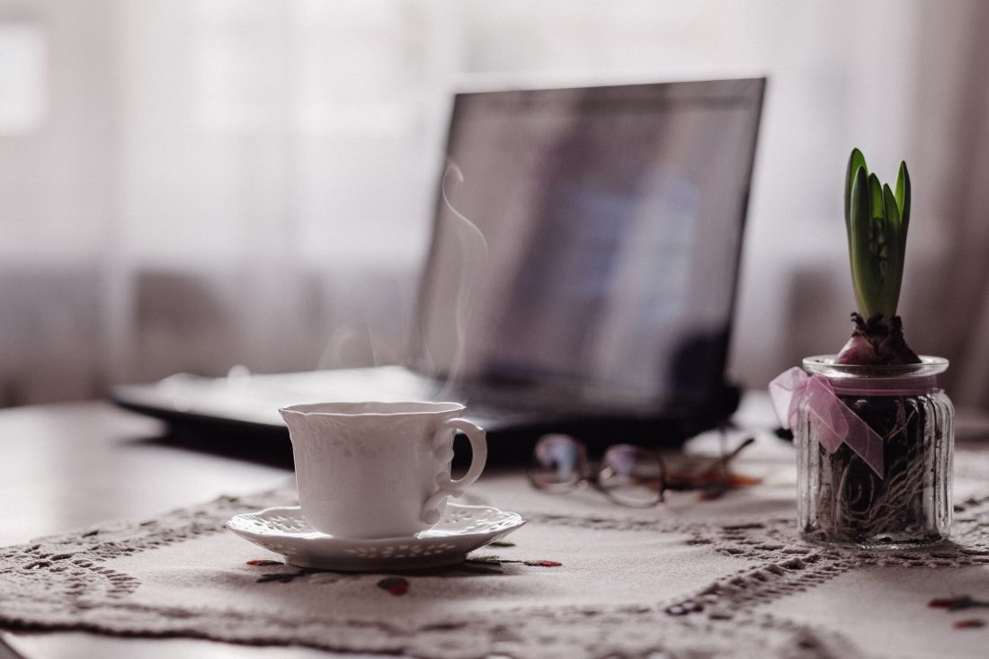 Free stock image of Steaming Coffee & Laptop