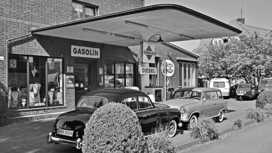 Free stock image of Black & White Gas Station