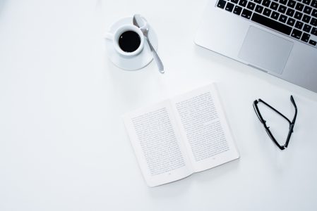 Computer, Coffee & White Desk