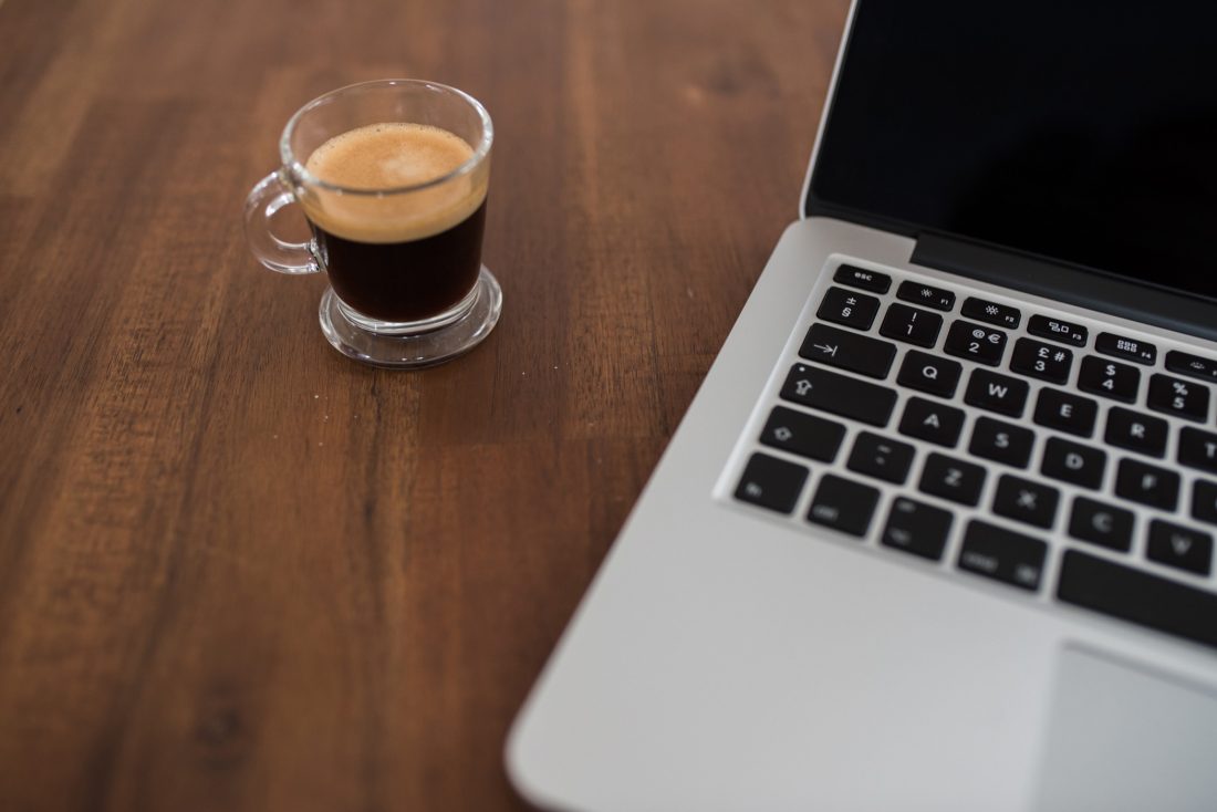 Free stock image of Computer & Espresso Coffee on Wood Desk