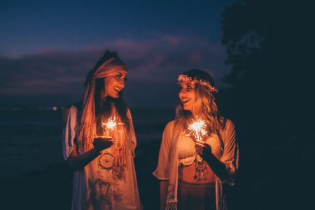 Women Holding Sparklers Evening