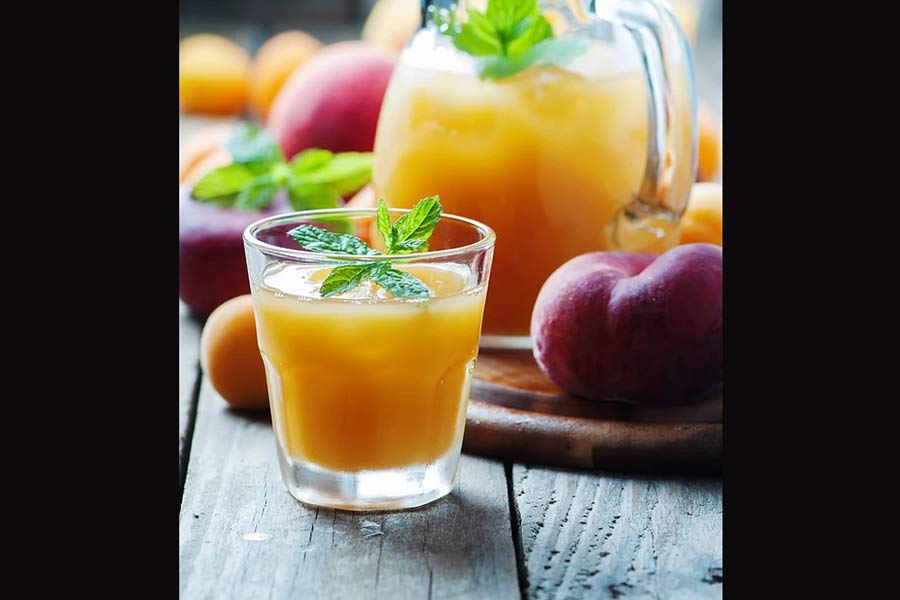 Sweet Fresh Peach Juice With Ice collage